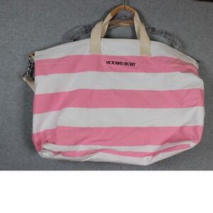 Victoria's Secret Tote Bag Pink White Striped Canvas Travel Shoulder Bag‎